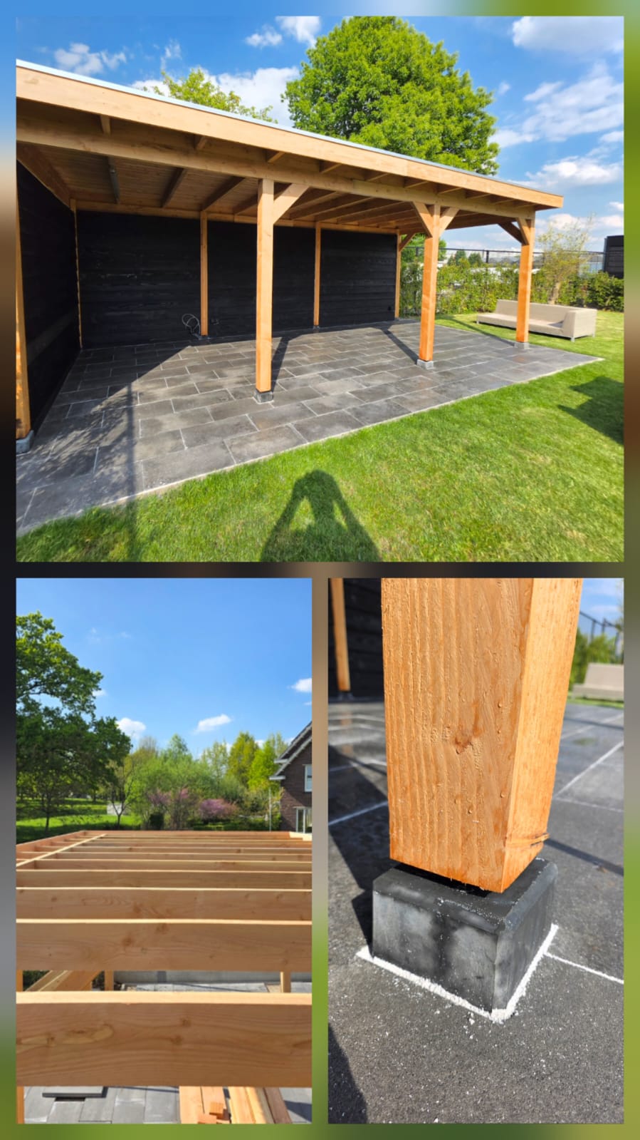 Echte werkfoto: aangelegd houten terras met overkapping tussen groene borders