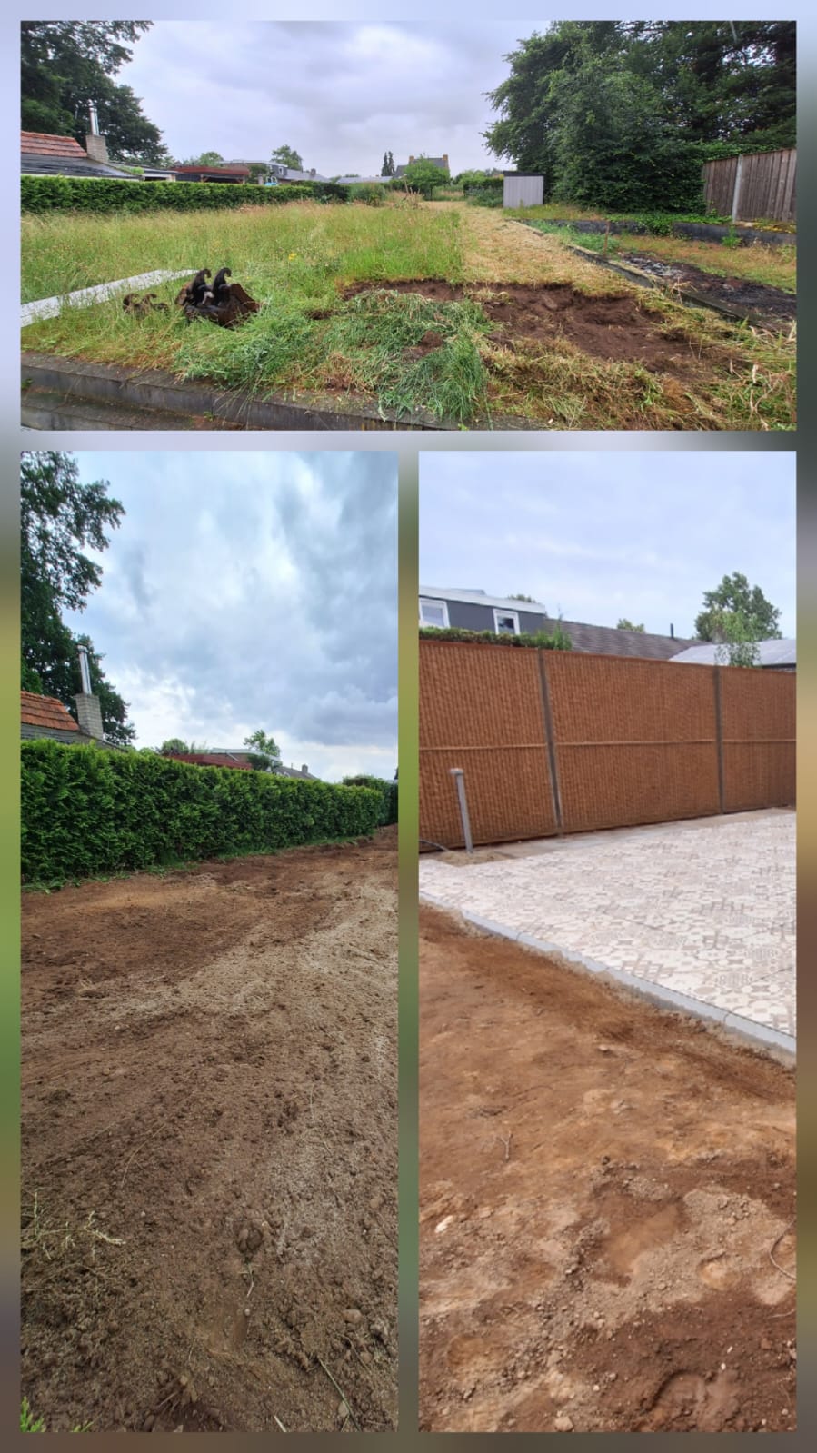 Echte werkfoto: afgeplagde graszoden en aangelegde bestrating tijdens de voorbereiding van een tuin